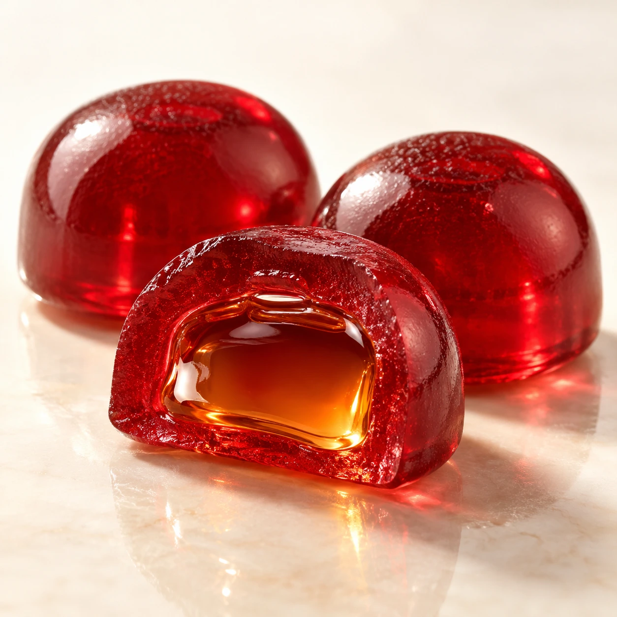 A liquid-filled center and a soft outer shell. Customize the flavor contrast, shape and surface finish.